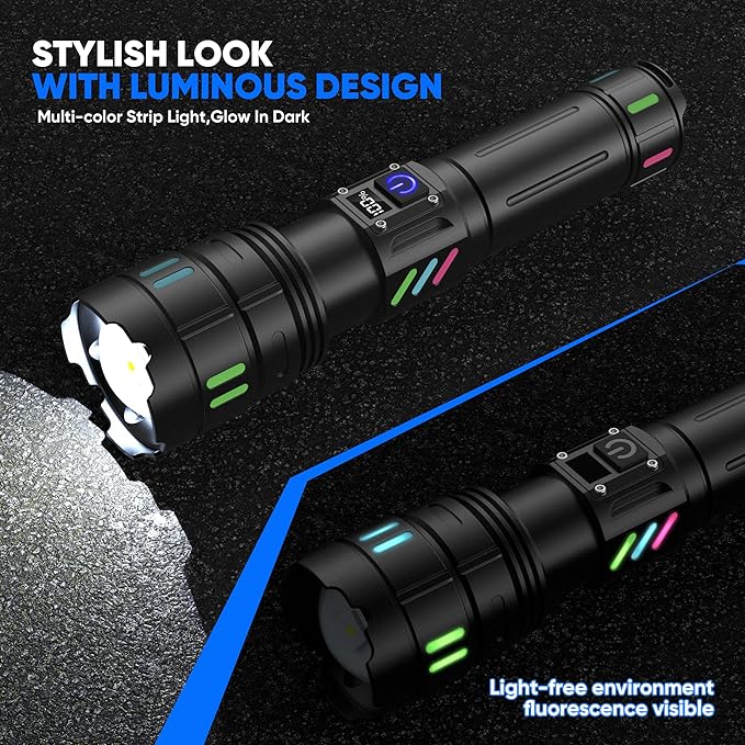 Rechargeable Flashlights High Lumens 100000 Long Distance, Single Click 3 Modes, Super Bright LED Flashlight USB C Long Lasting 15H, Powerful Strong Flash Light for Security Hiking Camping