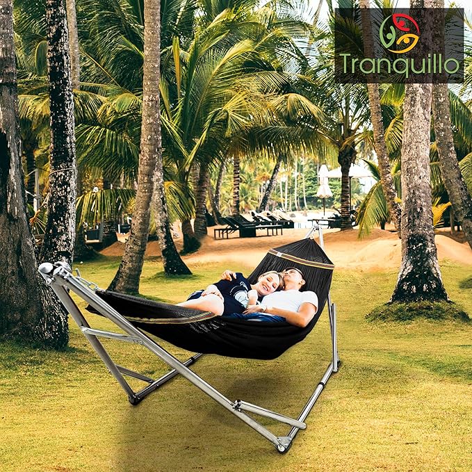 Tranquillo Adjustable Hammock Stand, Collapsible Camping Hammock and Stand, 650 lbs Capacity Deluxe Double Hammock Stand for 2 Persons, Portable Everywhere Easy Assembly Non-Slip and Noise-Free, Black