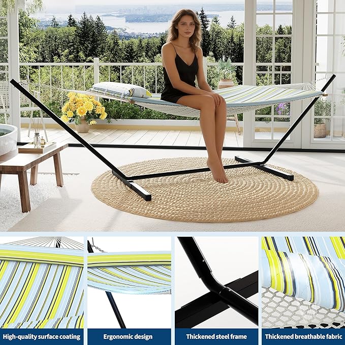Garvee 2 Person Portable Double Hammock for Outdoor with Pillow, Heavy Duty Portable Hammock with Adjustable Steel Stand for Patio, Garden, Beach, Backyard