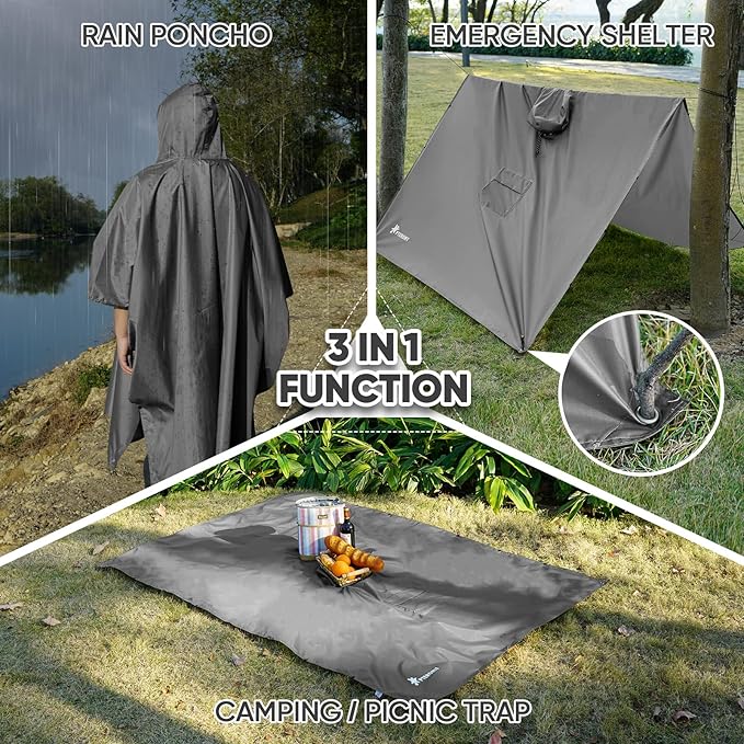 PTEROMY 3-in-1 Hooded Rain Poncho for Adult with Pocket, Waterproof Lightweight Unisex Raincoat for Hiking Camping Emergency