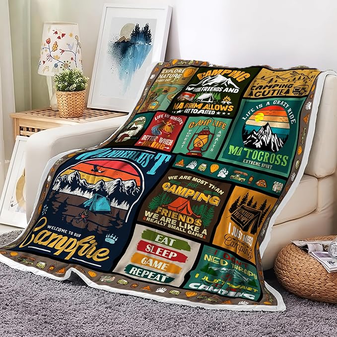 Camping Blanket, Camping Lovers Gift Ideas for Men or Woman, Super Soft Flannel Blankets Gifts for Bed Camper Outdoor, Campsite Outdoors RV Travel Hiking Sofa Couch Throw Blanket