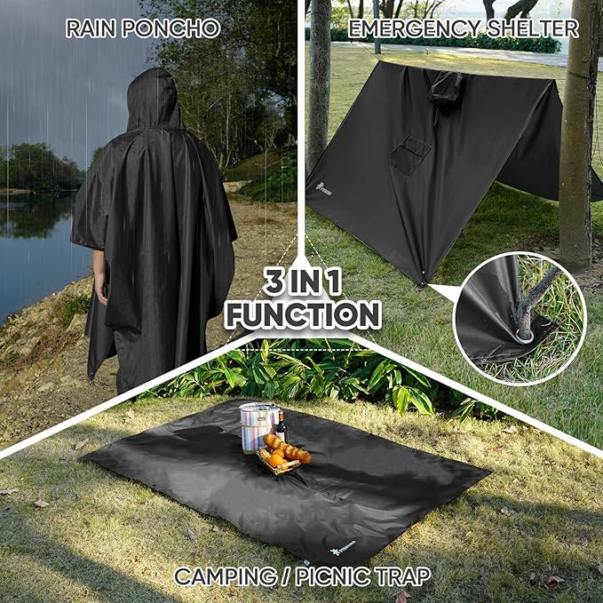 PTEROMY 3-in-1 Hooded Rain Poncho for Adult with Pocket, Waterproof Lightweight Unisex Raincoat for Hiking Camping Emergency