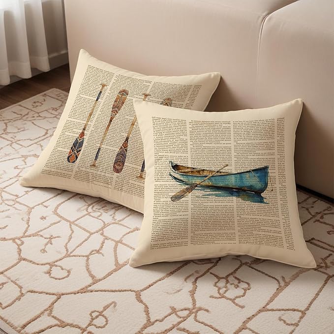 Vintage Lake House Pillow Covers 18x18, Lake House Decor for The Home Room, Boat Paddle Throw Pillow Covers Set of 2, Lake Life Decor Gifts, Lake House Gifts for New Home