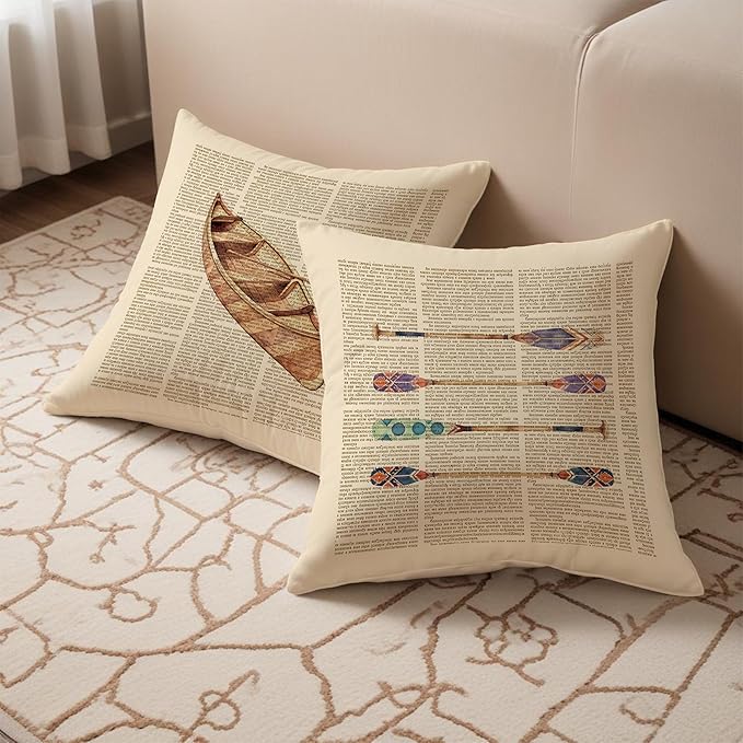 Vintage Lake Nautical Pillow Covers 18x18 Set of 2, Gifts for Lake Lovers, Retro Canoe Boat Paddle Coastal Beach Decorative Throw Pillow Covers for Couch Sofa Bedroom Beach House Cabin Home
