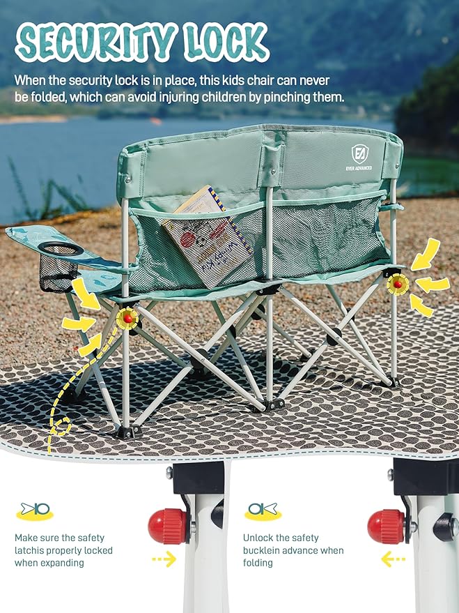 EVER ADVANCED Kids Double Camping Chair, Foldable Loveseat for Siblings & Twins with Cup Holders, Padded Kid Chair with Mesh Pocket, Portable Outdoor Sofa for Beach, Playroom, Supports 300lbs, Green