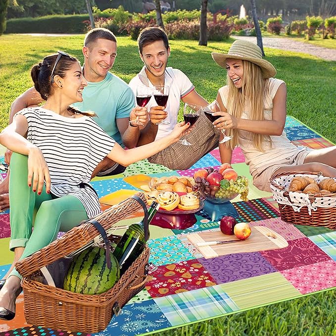 Supfitness Extra Large Picnic Blankets Waterproof Foldable (80"x 80") Boho Beach Blanket Waterproof Sandproof,3-Layer Thicking Mat Outdoor Packable Camping Blanket