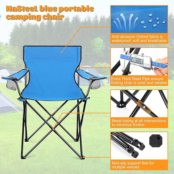 HaSteeL Camping Chairs 4 Pack, Oversized Folding Chair with Cup Holders for Adults, Portable Chair & Carry Bag for Outdoor Backyard, Beach, Lawn, Patio, Picnic, Fishing, Oxford Fabric & Heavy Duty