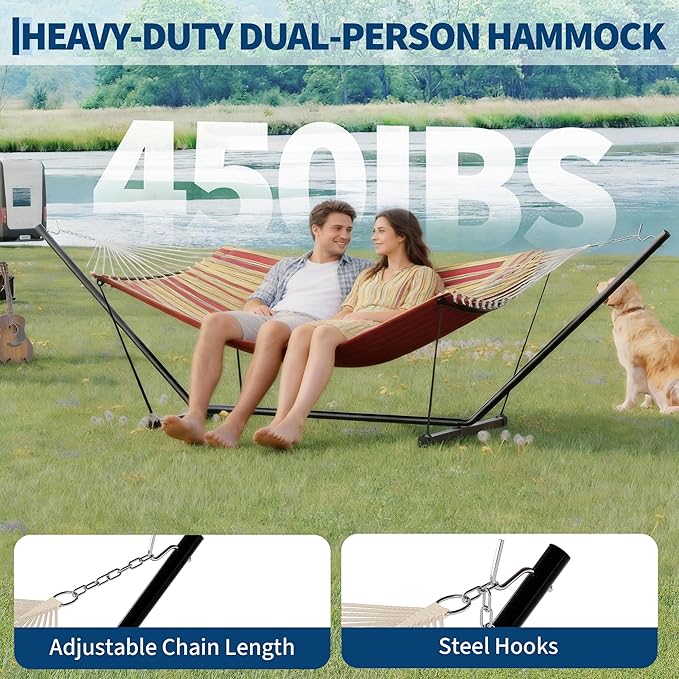 Garvee﻿ 2 Person Hammock with Stand for Outside, Double Hammock with Stand and Pillow, Max 450 Lbs Capacity with Balance Rope, Large Hammock for Outdoor Patio Backyard Poolside
