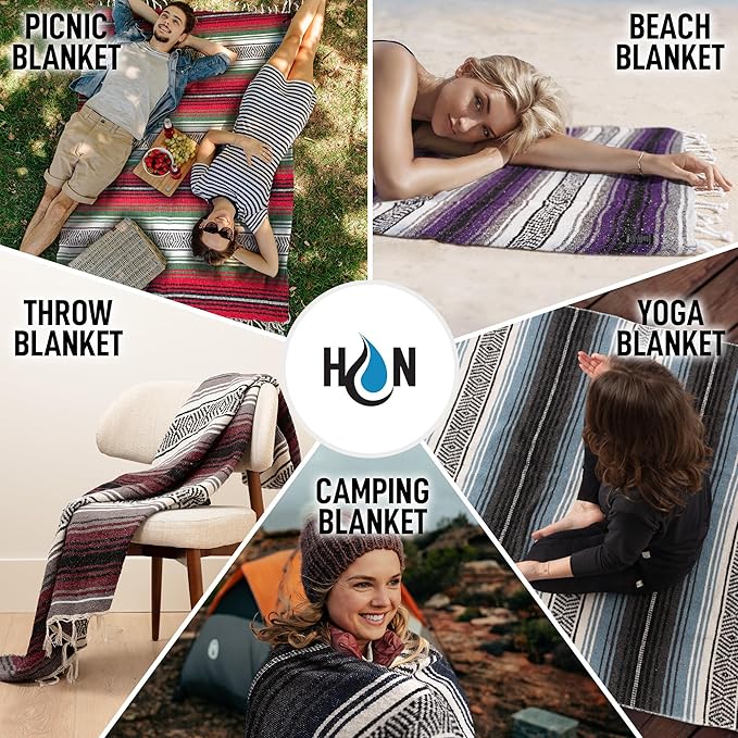 Authentic Extra Large Mexican Blanket - 70"x50" Handwoven Yoga, Serape, Artisanal Falsa, Beach, Camping, Picnic, Outdoor Blanket (Emerald)