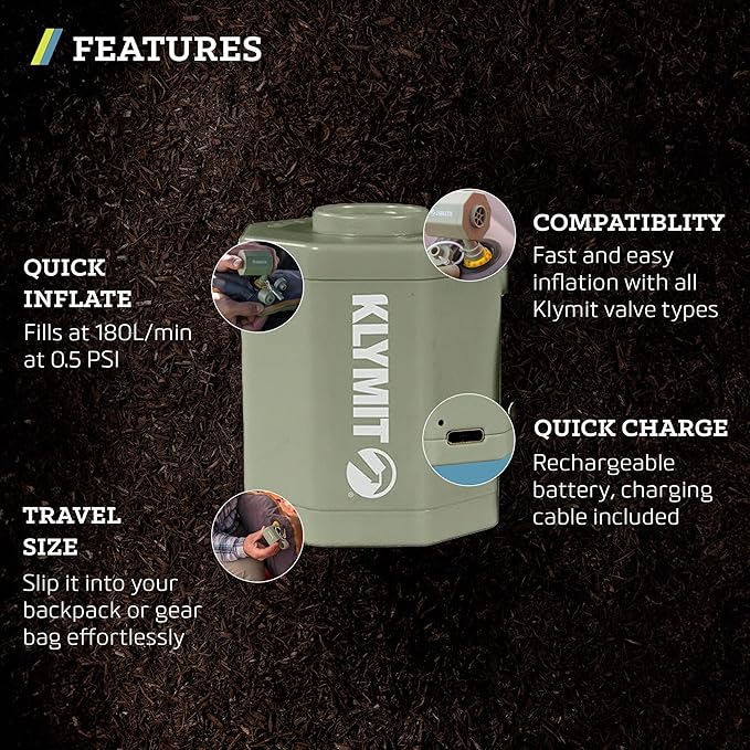 KLYMIT Tempest USB Pump | Portable Air Pump for Inflatable Air Mattresses & Sleeping Pads, Long Battery Life & Easy to Carry Size, Rechargeable, Perfect for Camping Trips