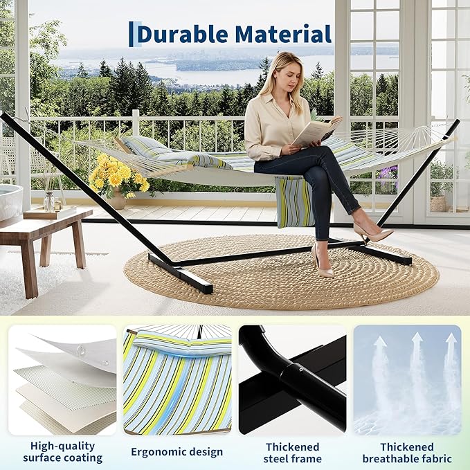 Garvee 2 Person Outdoor Hammock with Stand, Heavy Duty Portable Double Hammock with Balance Rope, MAX 450 LBS Capacity for Patio, Backyard, Garden, Beach