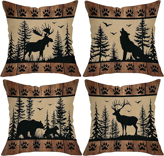 Wildlife Cabin Decorative Throw Pillow Covers 16 x 16 Set of 4, Vintage Forest Animals Reindeer Wolf Bear Porch Outdoor Home Decor, Retro Farmhouse Woodland Pine Tree Sofa Couch Cushion Case