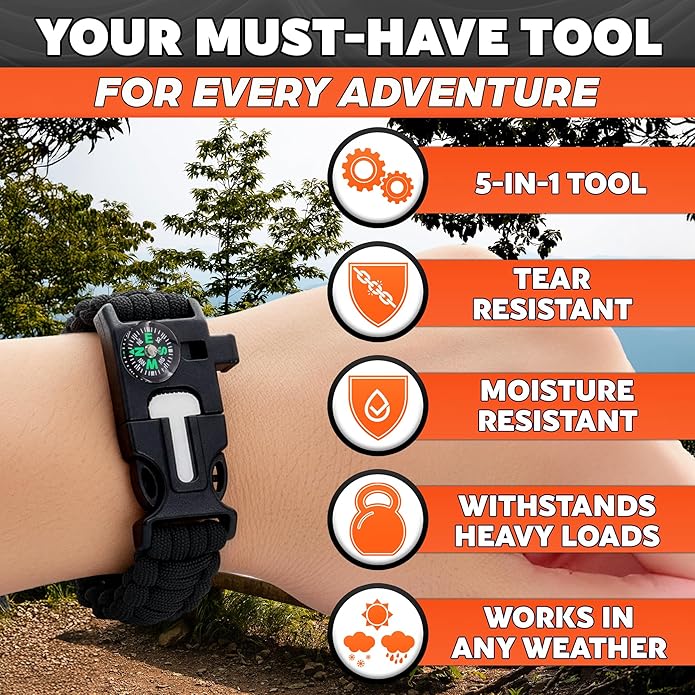 Paracord Bracelets for Men and Women – Adjustable Survival Paracord Bracelet with 10 ft Nylon Survival Cord, Flint Fire Starter, Compass, Whistle & Scraper – Gear for Camping, Hiking, Fishing & Travel