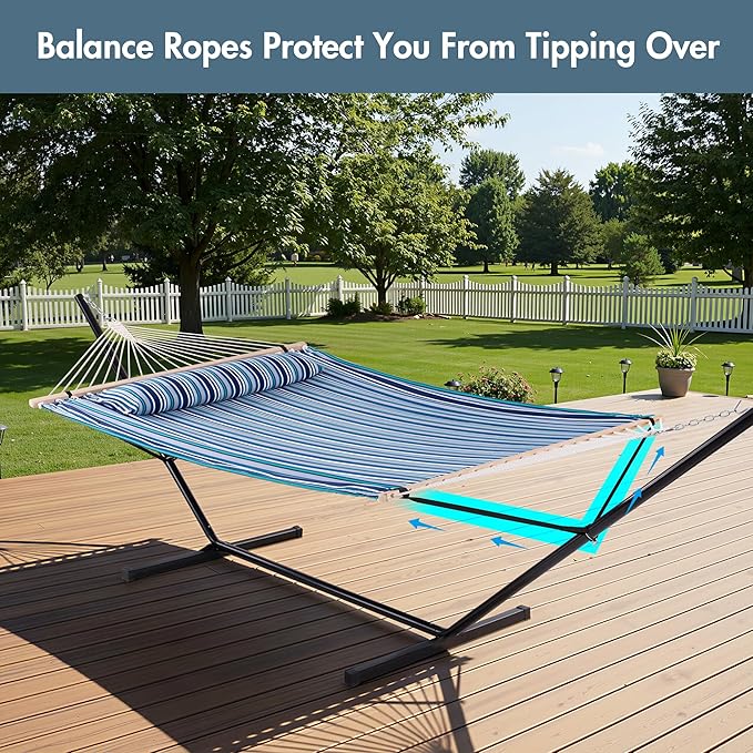 ANOW Double Hammock with Stand 12FT, Heavy Duty Hammock with Stand for Outdoors, 450 LBS Weight Capacity, Blue Stripes