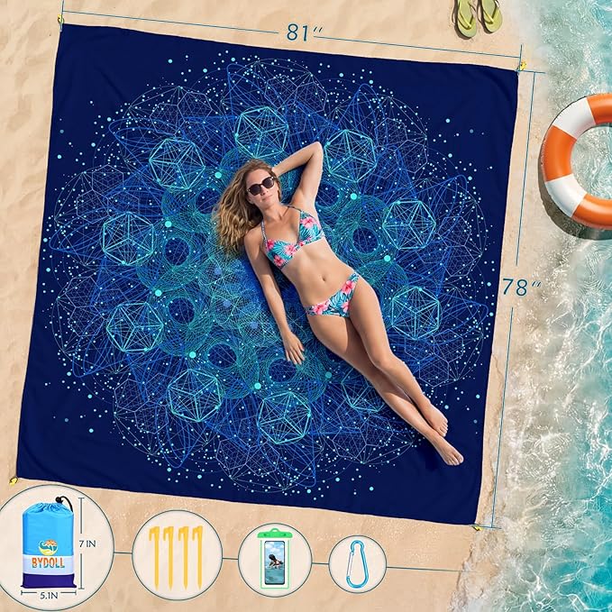 BYDOLL Beach Blanket 78''X81'' Waterproof Sandproof Suits1-4 Adults Oversized Lightweight Large Blanket Picnic Mat for Beach Sand Free Travel Camping Hiking Picnic