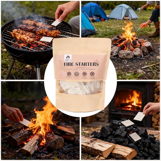 (30 Pcs/Bag) Waterproof Fire Starters for Campfires & Fireplace -Quick Light Charcoal Starter Squares, Odorless Fire Starter for Wood Stove, Grill, BBQ & Non-Toxic - Burns 10 Min