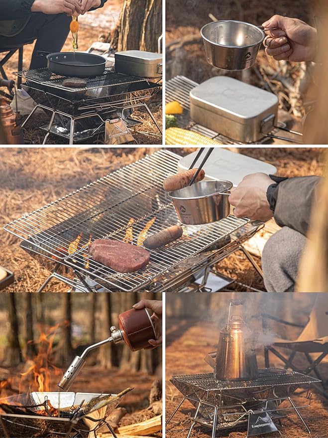 CAMPINGMOON Large Portable Campfire Fire Pit BBQ Grill Stainless Steel Foldable Collapsible Wood Burning Charcoal Grill for Heavy Duty Outdoor Cooking RV Camping, 20x13-inch, Carry Bag included MT-3
