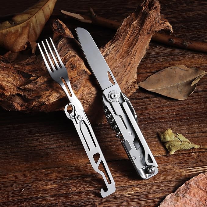 POXIMO Camping Utensils, 6-In-1 Detachable Stainless Steel Camping Flatware Multi-tool kits with Spoon Fork Knife Corkscrew Bottle&Can Opener, Folding Portable Cutlery Set for Travel Hiking Picnic