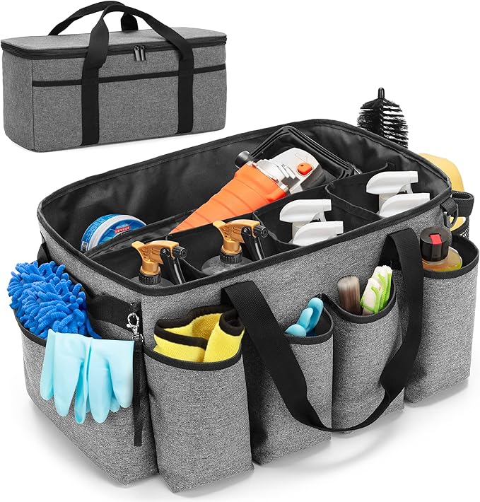 HODRANT Detailing Bag with Polisher Carry Bag, Large Detail Car Care Box for Auto Detailing Supplies, Car Wash Caddy & Trunk Organizer for Buffer Bottle Towel & Cleaning Kit, Gray, Patent Design