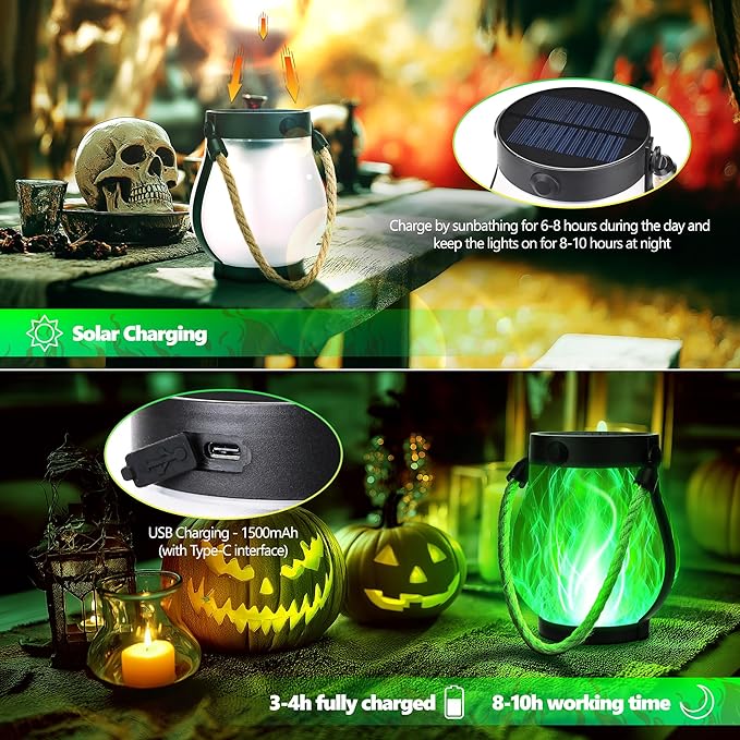 iBaycon 1 Pack Solar Lanterns Lights, Halloween Flickering Flame Garden Lights with 2 Modes Dual Charging USB & Solar, Outdoor Waterproof Hanging Lantern for Party Holiday Halloween Decor (Green)