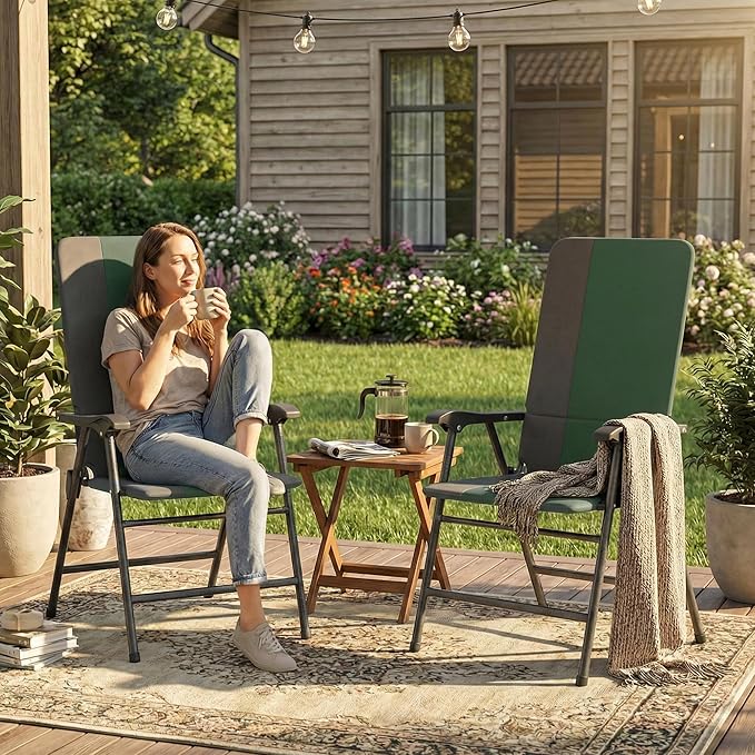 Outsunny Folding Patio Chairs Set of 2, Padded High Back Folding Lawn Chairs with Armrests, 600D Oxford Fabric, Portable Outdoor Camping Chair Set for Deck, Garden, Backyard, Dark Green