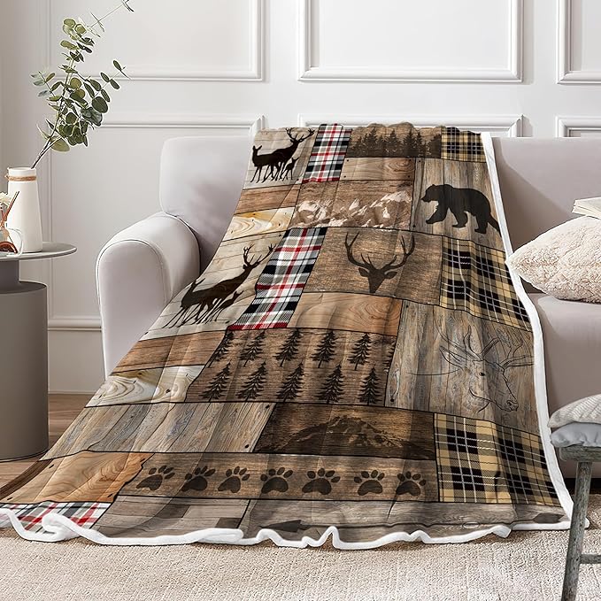 Torich Rustic Farmhouse Throw Blankets, Cabin Hunting Deer Bear Sports Cozy Warm Bed Couch Blanket, Country Wooden Hunting Camping Forest White Fleece Flannel Throws to Decorate The Room and Bedroom