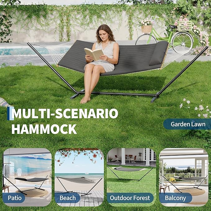 Garvee 2 Person Portable Double Hammock for Outdoor with Pillow, Heavy Duty Portable Hammock with Adjustable Steel Stand for Patio, Garden, Beach, Backyard
