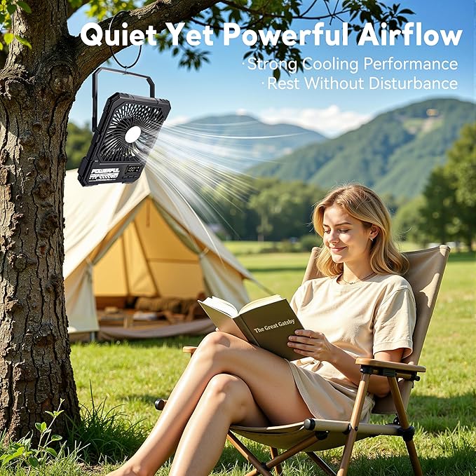 Portable Fan, Camping Fan, 20000mAh 6-Inch 18-85H Rechargeable Ultra Thin Foldable with Built-in Power Bank, LED Light, Remote Control, Hook for Outdoor Camping Tent RV Travel (Khaki)