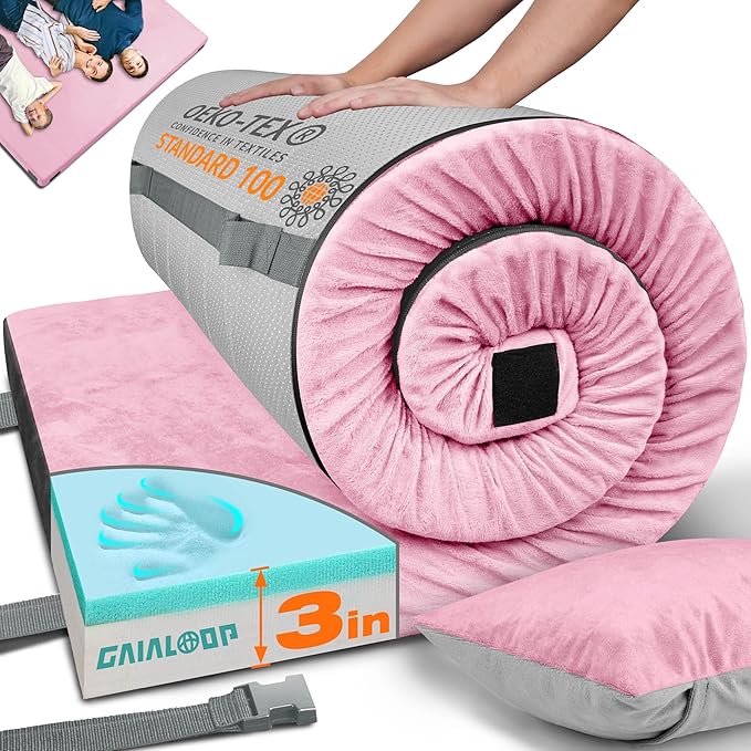 GAIALOOP 3 Inch Memory Foam Camping Mattress, Dual Layer Thick Sleeping Camp Pad for Car Tent Cot, Roll-Up Portable Glamping Floor Bed for Guests Sleepover
