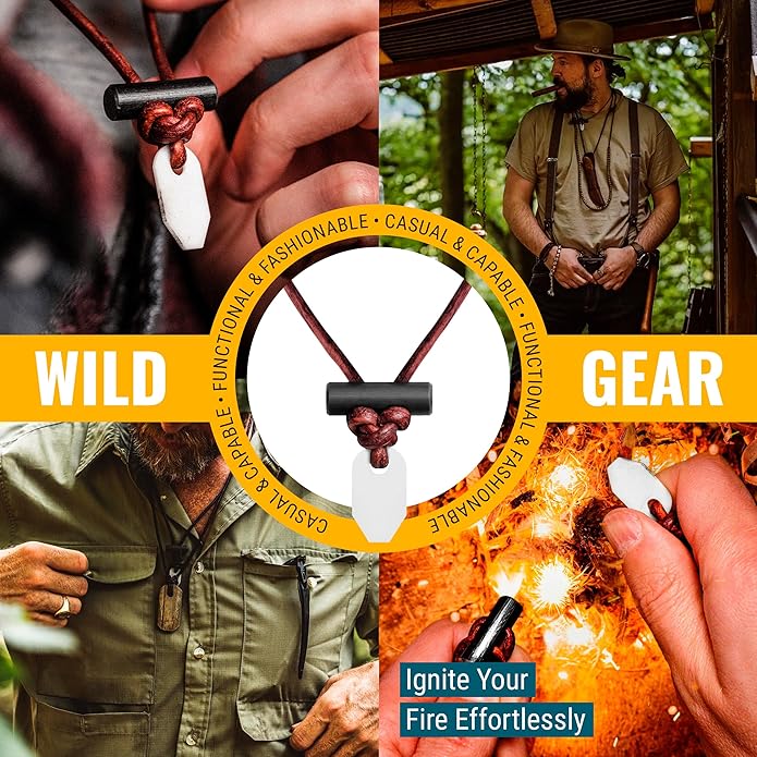 The Bushcraft - Original Fire Starter Necklace for Men, Handcrafted In USA, Weatherproof Fire Starting Necklace with Adjustable Leather Knot Design, Ideal for Traveling, Everyday Carry & Adventures