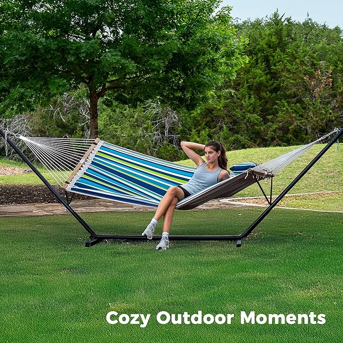 SUPERJARE Hammock with Stand, 2 Person Quilted Outdoor Hammock, Detachable Pillow & Bamboo Spreaders, Portable Hammock with Carrying Bag, Heavy Duty Stand, Perfect for Outside, Patio, Dark Cyan