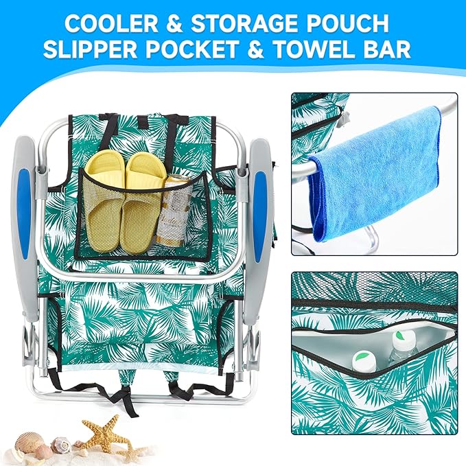 Portable Beach Chair for Adults, Outdoor Camping Chair Lay Flat Folding Backpack Beach Reclining Chair with 5 Positions, Headrest, Cup Holder, Heavy Leaf