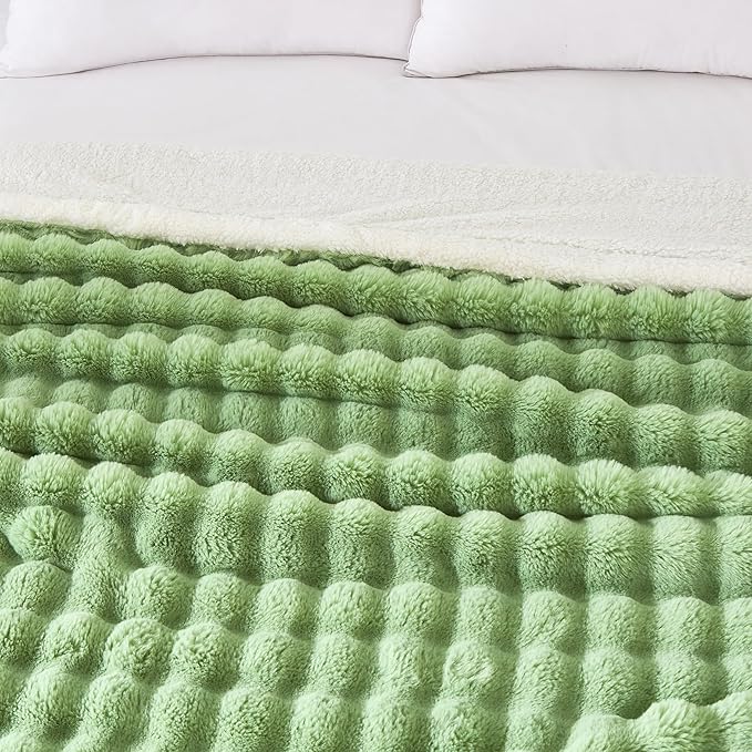 60x80 Inches Ultra-Soft Fuzzy Faux Fur Plush Twin Size Blanket - Thick, Warm Sherpa for Couch, Sofa, Bedroom, Camping - Decorative Blanket for Cozy Warmth, Bubble Light Green