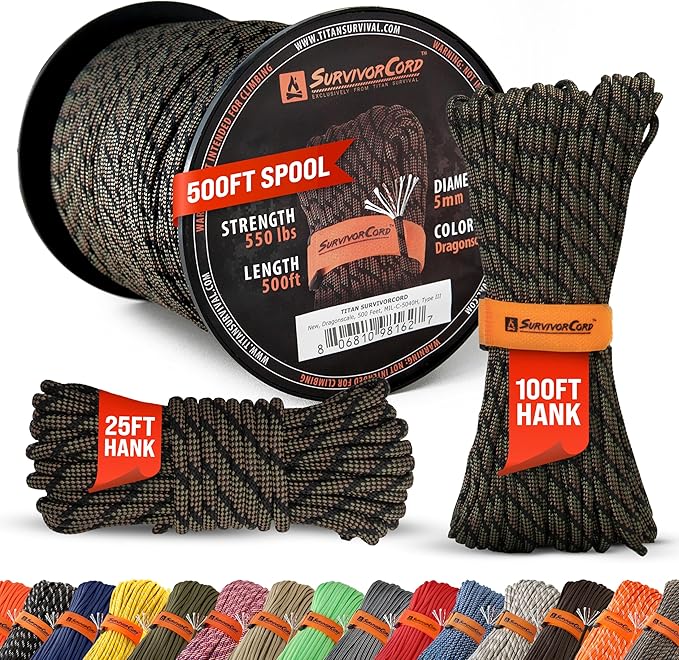 TITAN Survival Patented Paracord 550 - 25ft, 100ft, 500ft & Color Options - 620LB Strength Survival Paracord Military Spec with 3 Strands - Heavy Duty Hank Cord for Camping & Outdoors with Firestarter