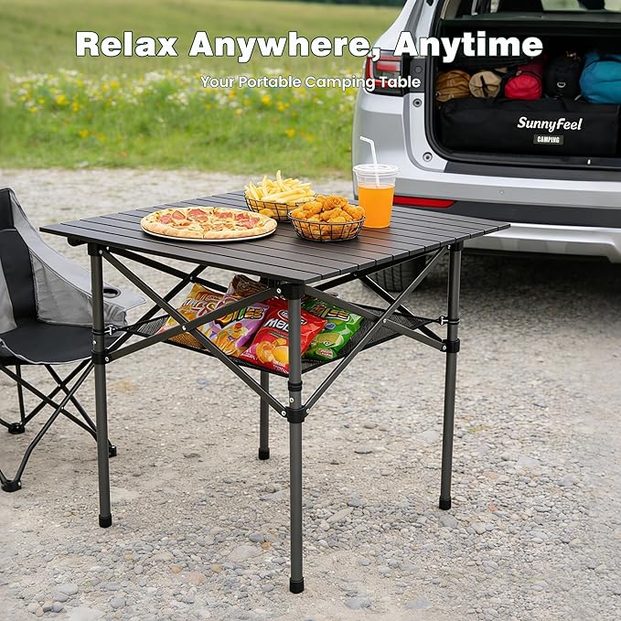 SUNNYFEEL Aluminum Folding Table for Camping, Lightweight Roll Up Top, Portable Camp Tables with Carry Bag for Outdoor Picnic (Square, Brown)