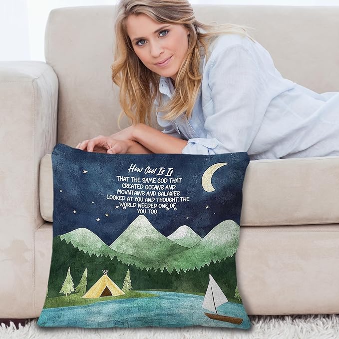 Inspirational Christian Camping Night Sky Pillow Covers 18x18, How Cool is It That The Same God Bible Verses Throw Pillow Covers for Nursery Kids Room Bedroom Cabin