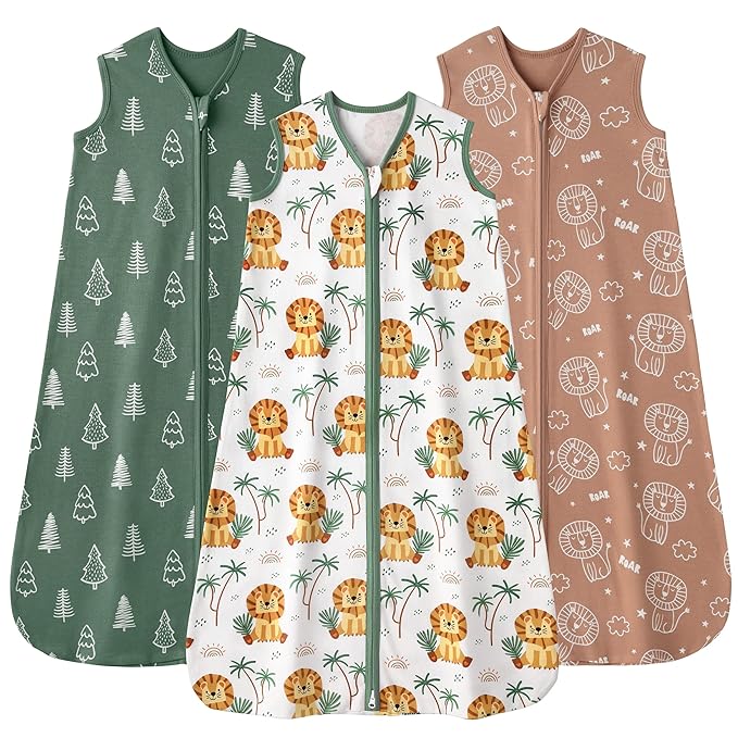 Baby Sleep Sack 6-12 months, 100% Cotton Sleeping Sack for Newborn and Infant, 3 Pack Baby Wearable Blanket, 0.5 Tog Lightweight Double Zipper Sleep Bag Medium Brown Green Lion