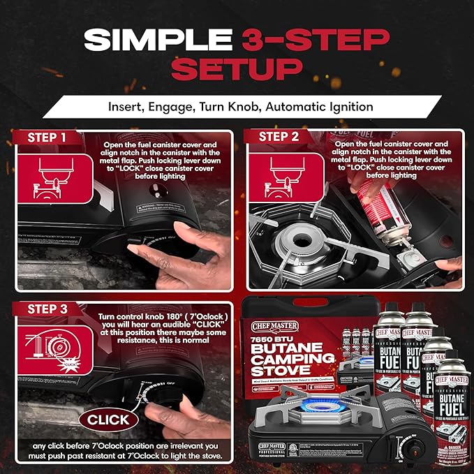 Portable Butane Camping Stove COMBO, Piezo Ignition Wind-Guard 7,650 BTU Portable Stove Burner w/ 4 x 8oz. Butane Fuel Canister for Emergencies, Hiking & Outdoor Camping Essential by Chef Master 90027