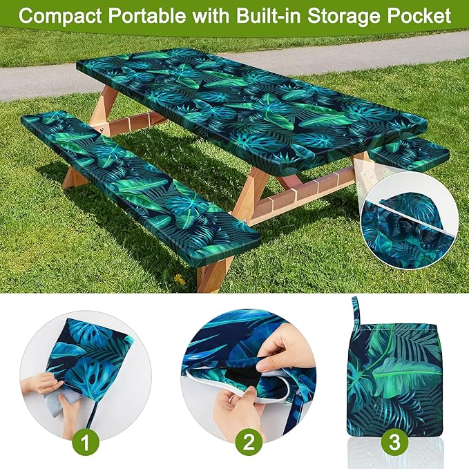 Picnic Table Cover with Bench Covers Portable Table Cloth Built-in Storage Pocket Fitted Tablecloth with Elastic Edges Waterproof Camping Essentials for Indoor Outdoor Rv,72in,Teal