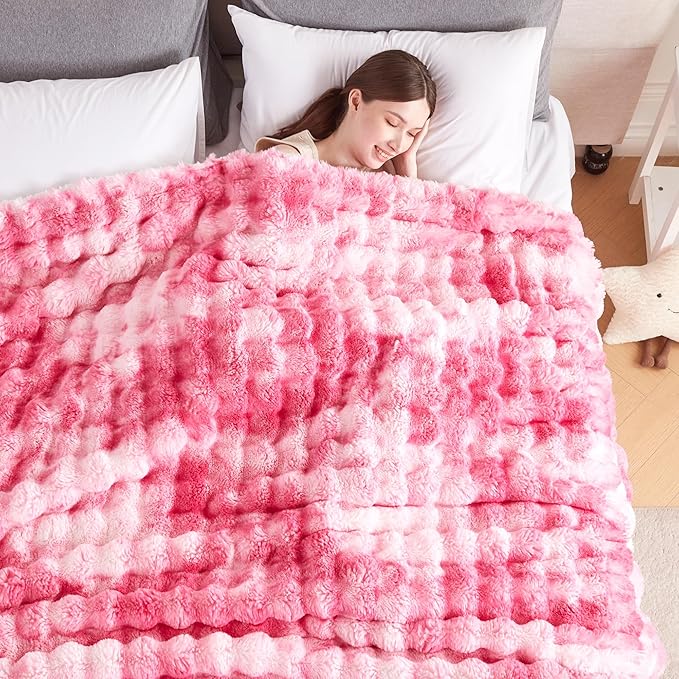 50x60 Inches Ultra-Soft Fuzzy Faux Fur Plush Throw Blanket - Thick, Warm Sherpa for Couch, Sofa, Bedroom, Camping - Decorative Blanket for Cozy Warmth, Bubble Pink Tie Dye