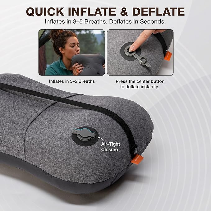 Inflatable Camping Pillow - Ultralight Compact Air Pillow for Travel, Backpacking & Hiking - Ergonomic Neck & Lumbar Support - Portable Inflatable Pillow with Removable Washable Cover - (Orange)