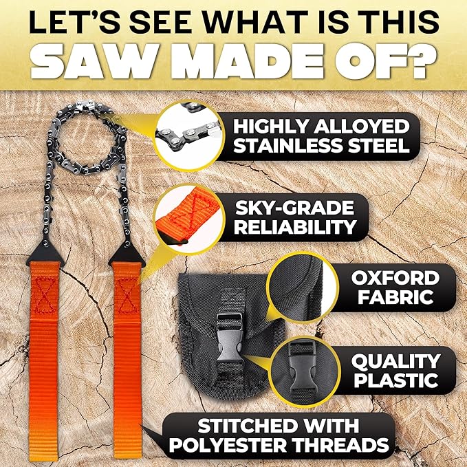 Rope Saw for Tree Limbs - Pocket Chainsaw for Survival with Bag | Stainless Steel 25" Folding Tree Saw with Bi-Directional Teeth, Essential for Camping Gear Survival Gear Compact Design for Easy Carry