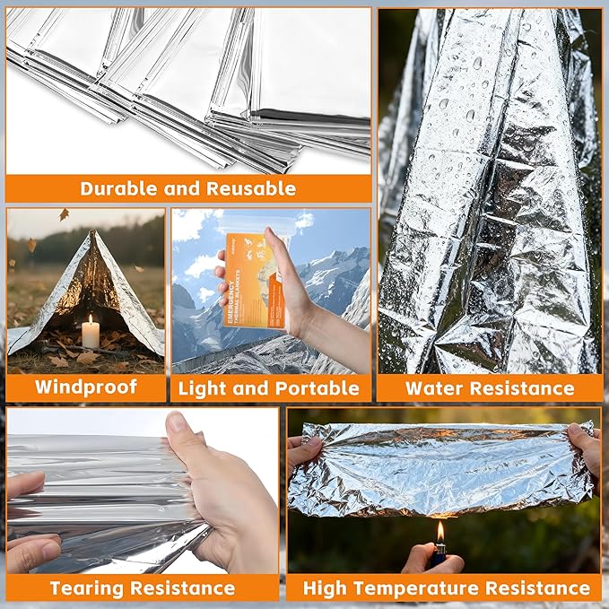 24 Pack Emergency Blankets - Mylar Thermal Space Blankets for Survival and Protection - Ideal for Camping, Outdoors, Hiking, Rescue, Marathons