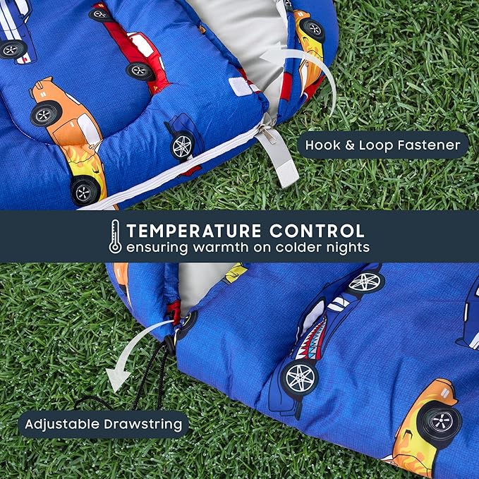 Wake In Cloud - Kids Sleeping Bag for Boys Toddlers, Camping in Warm Cold Weather, Backpacking Lightweight Compact Outdoor Liner for 3 Seasons, Race Cars Vehicles