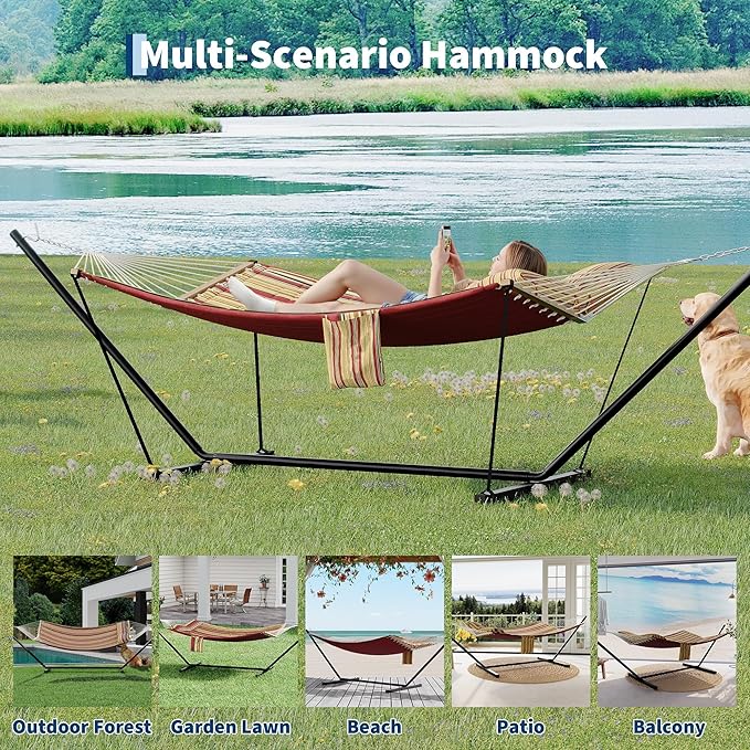 GarveeHome Portable 2 Person Double Hammock with Sturdy Heavy-Duty Steel Stand – 450LBS Max Load, Quick & Effortless Assembly, Perfect for Indoor Living, Yard, Patio & Camping Trips