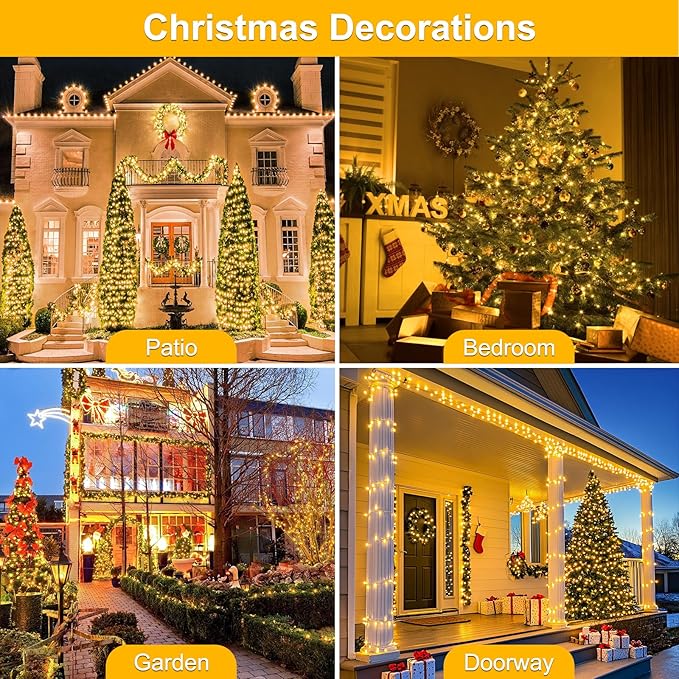 200FT 600LED Christmas Lights Plug in,Warm White Waterproof Fairy Lights with Timer/8 Modes, Christmas Tree Lights Lighting Outdoor Indoor Garden Party Wedding Christmas Tree Decoration