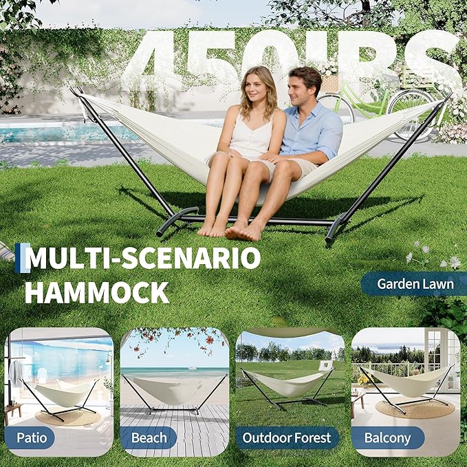 Garvee 2 Person Hammocks with Stand for Outside, Double Hammocks Portable Space Saving Heavy-Duty Steel Stand for Indoor Outdoor Patio with Carrying Bag, 450 lbs Capacity