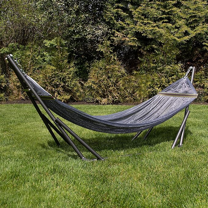Best Home Fashion Hammock for 2 Persons with Collapsible Steel Stand 600 lbs Capacity- Portable Carrying Case, Adjustable, Perfect for Camping Beach Patio, EZ Daze Foldable Hammock with Stand- Grey