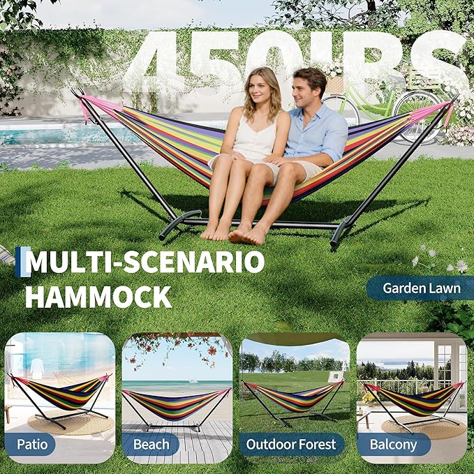 Double Hammocks with Stand for Outside, Portable Space Saving Heavy-Duty Steel Stand for Indoor Outdoor Patio with Carrying Bag, 450 lbs Capacity