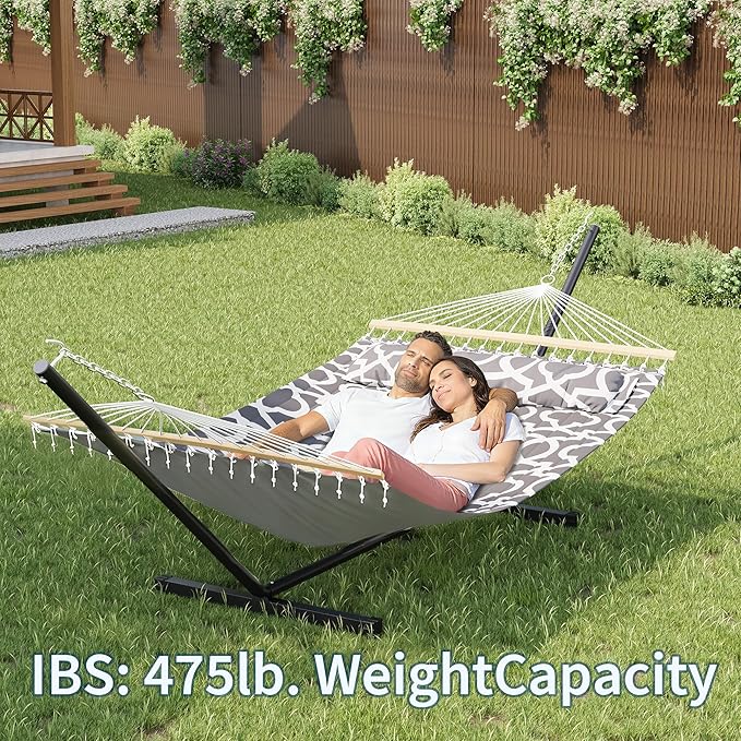 Double Hammock with Stand for 2 Person, Outdoor Freestanding Hammock Bed with 475lb Capacity - Heavy Duty Steel Frame, Quilted Pillow & Portable Carry Bag, Easy Assembly, Light Gray